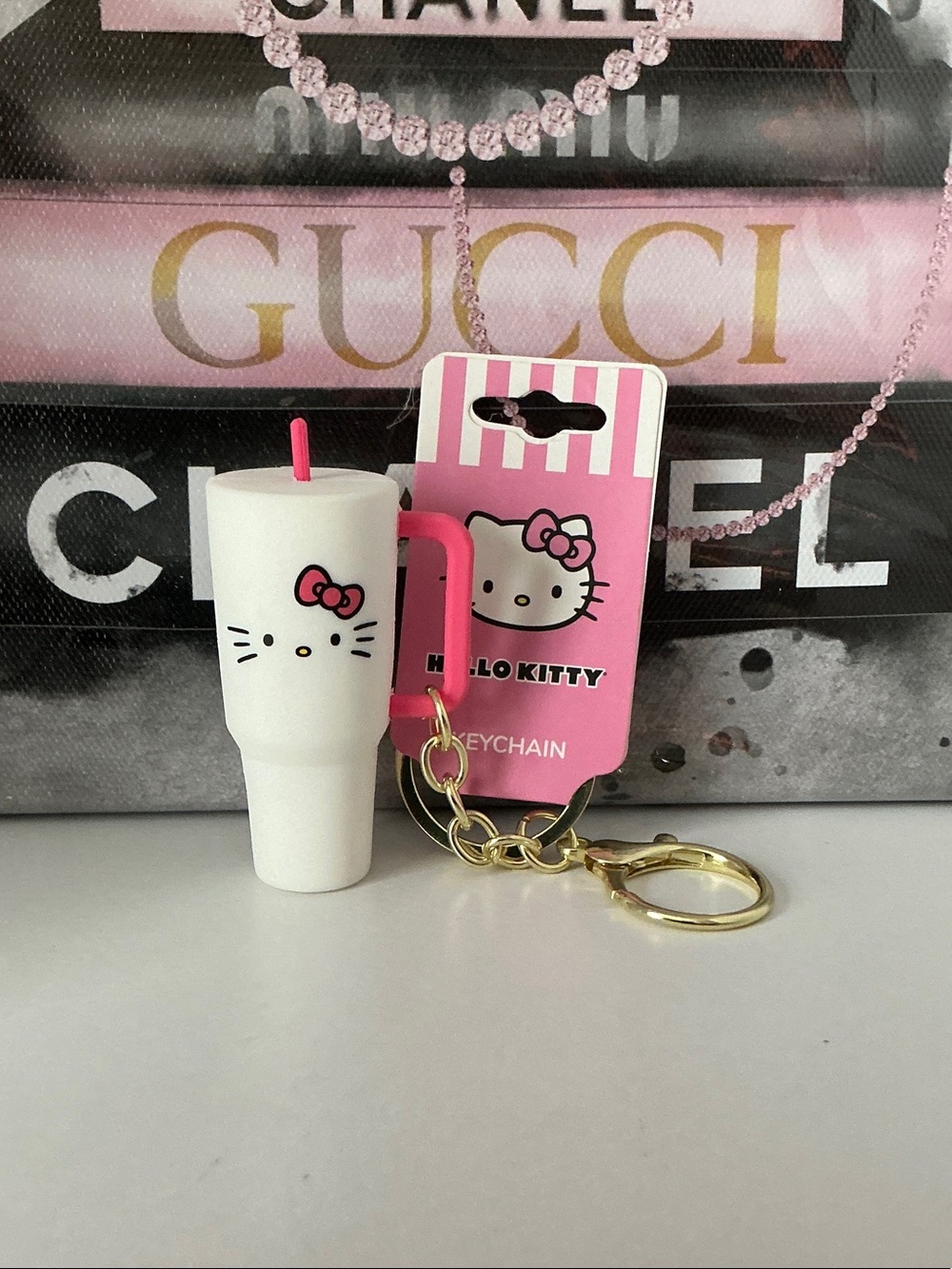 Hello Kitty White & Pink Tumbler Keychain with Gold Hardware
